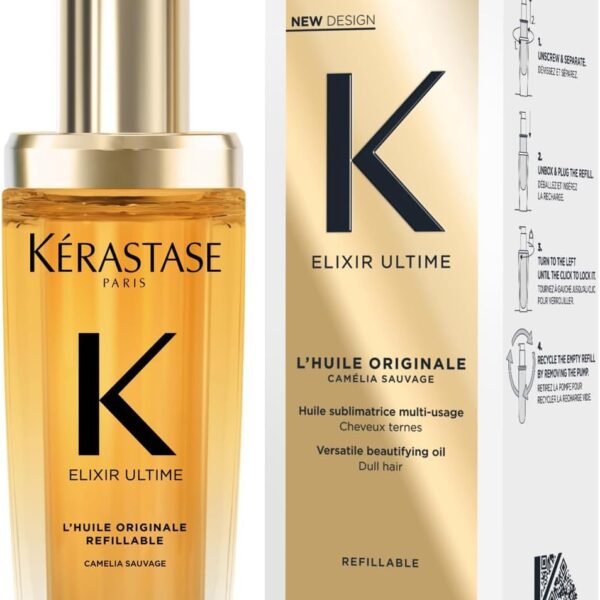 Kérastase Elixir Ultime Hair Oil, Nourishes Dull Hair, For All Hair Types, Strengthens and Protects Hair From Heat, With Argan and Camellia Oil, L'Huile Originale